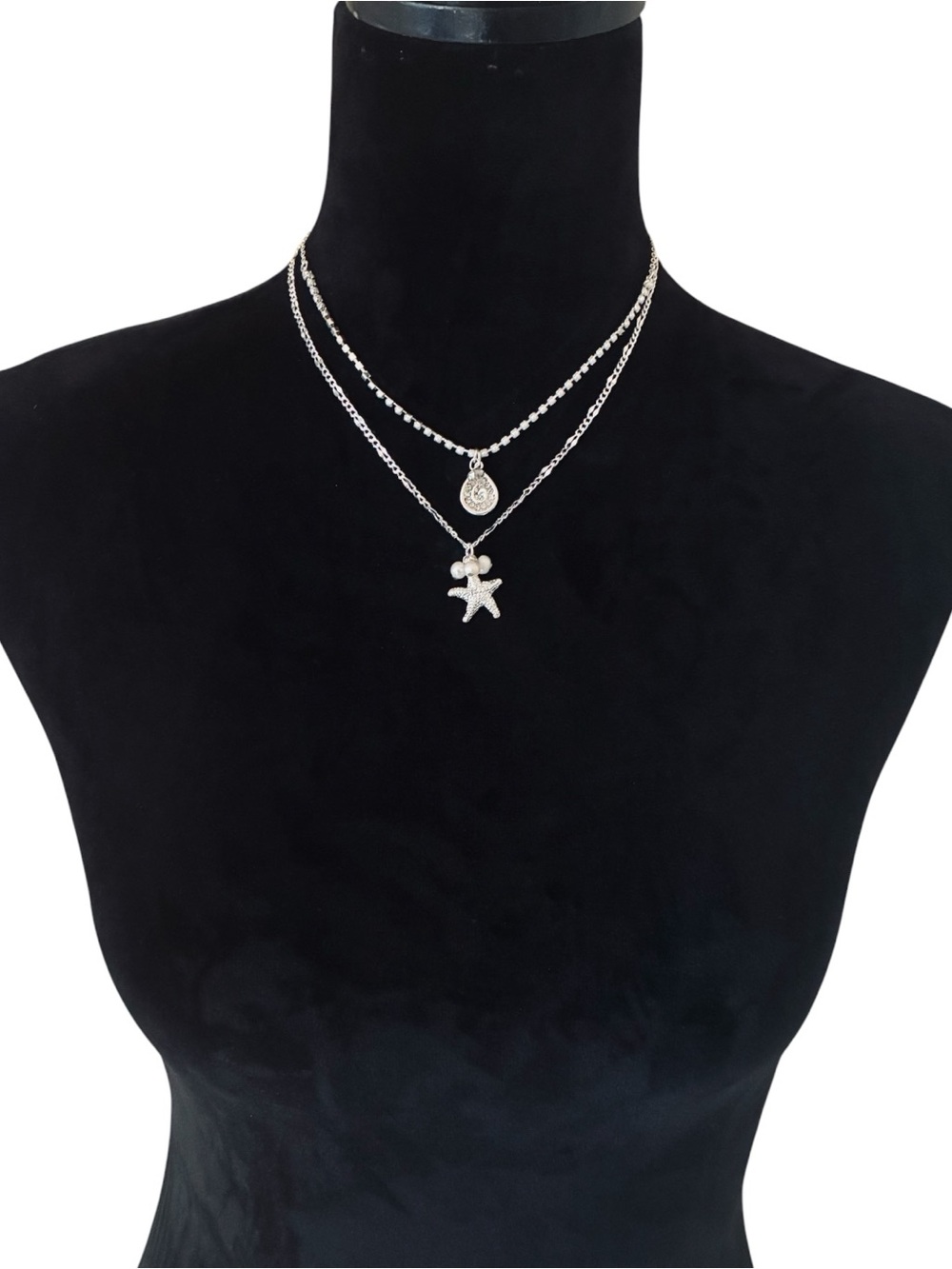 New NWT Tommy Bahama Silver Layered Starfish Pearl Rhinestone Necklace $58 Tag - Picture 3 of 3